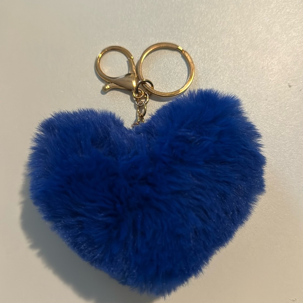 Blue Heart Fuzzy Plush Gold Keychain